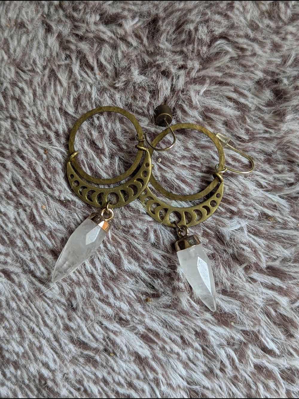 Brass Crescent Hoop Earrings with Clear Crystal Point Drops